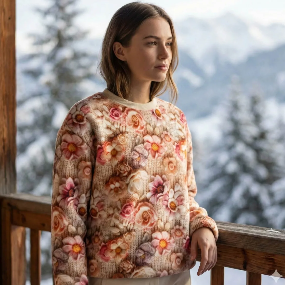 Alpenfleece Stoff Digitaldruck Strickoptik Blüten wollweiß rosa 1,50m Breite