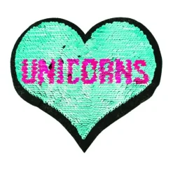 Applikationen Aufnäher Wendepailletten Herz LOVE UNICORNS pink türkis 19x16cm