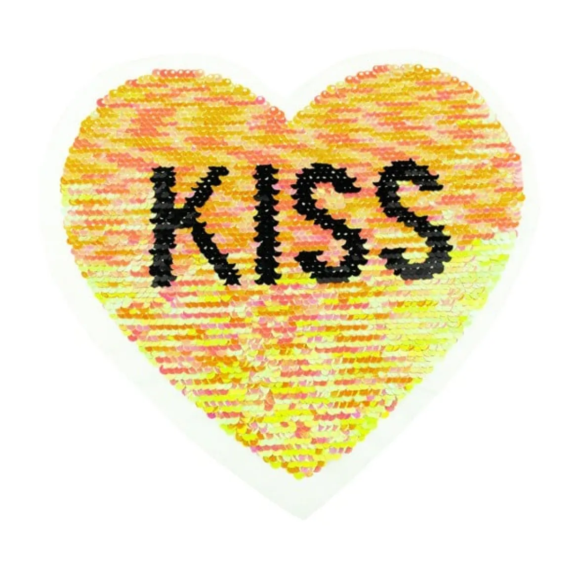 Applikationen Aufnäher Wendepailletten Herz KISS rosa bunt schwarz silberfarbig 22x21cm