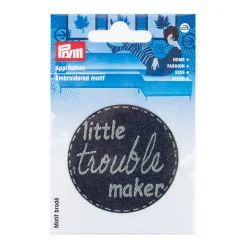 Applikation little trouble maker gelasert selbstklebend/aufbügelbar Jeansstoff blau 60mm von Prym