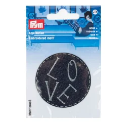 Applikation LOVE gelasert selbstklebend/aufbügelbar Jeansstoff blau 60mm von Prym