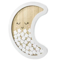 Babyparty Taufe Gästebuch in Mondform mit Sternchen Holz weiß natur 38x30cm