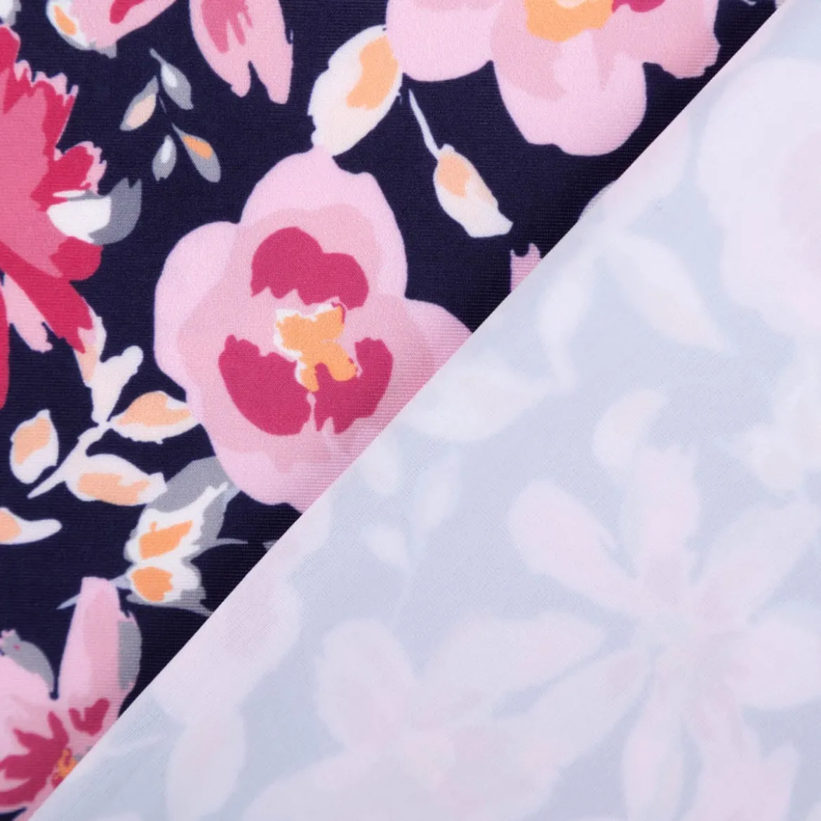 Badeanzugstoff UPF 50 bi-elastisch recycelt Blüten rosa dunkelblau 1,50m Breite