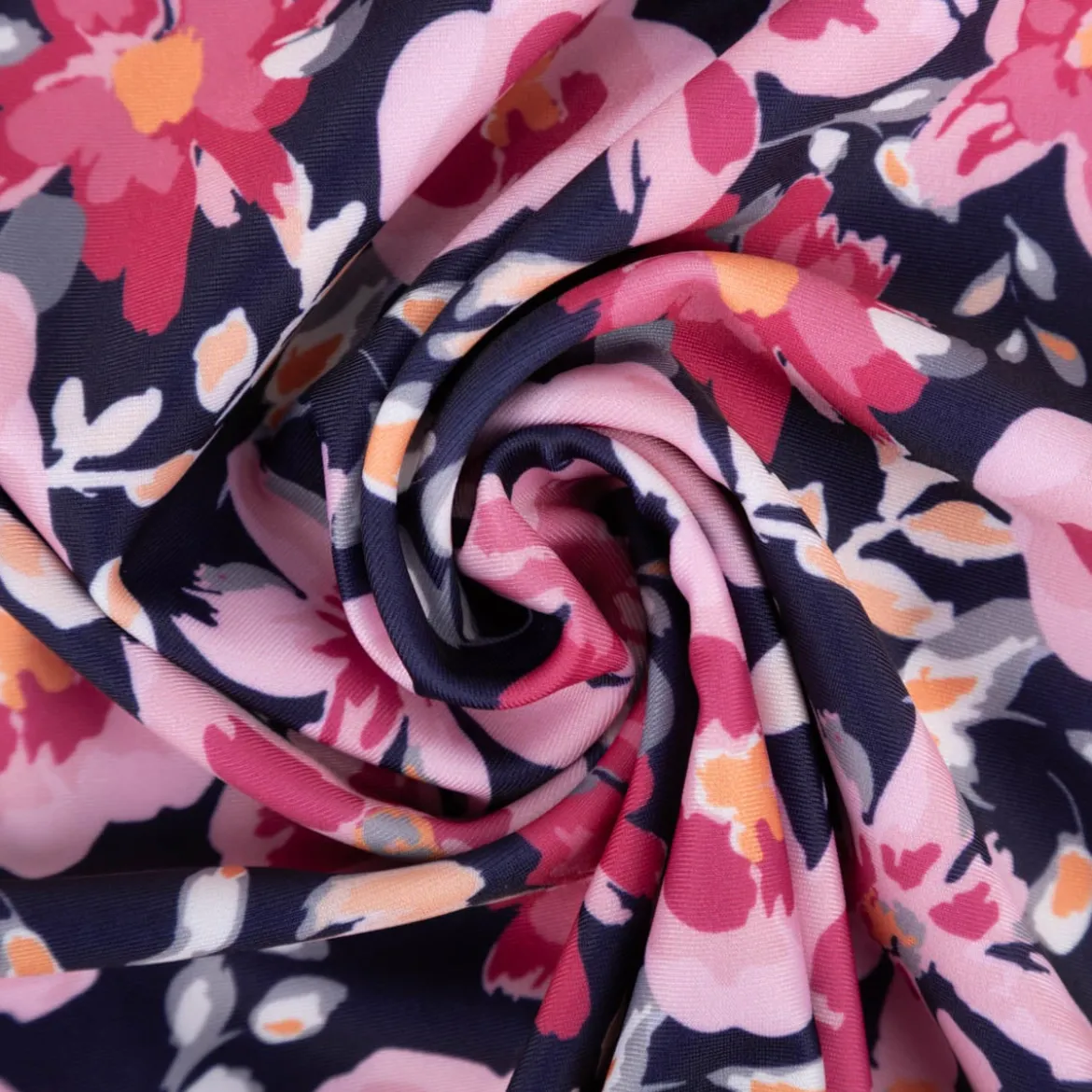 Badeanzugstoff UPF 50 bi-elastisch recycelt Blüten rosa dunkelblau 1,50m Breite