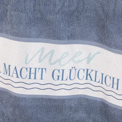 Badetuch aus Baumwolle Meer macht glücklich Wellenlinien Schiff blau weiß 70x140cm von La Vida