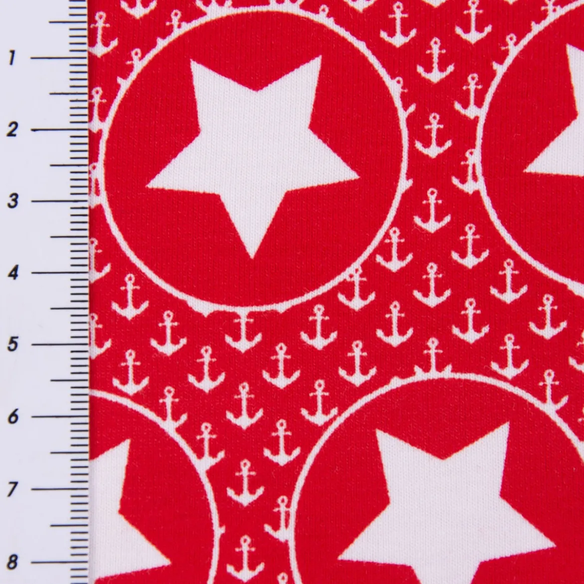 Baumwolljeresy Jersey BIPP Design Mini Anker Sterne Kreis rot weiß 1,50m Breite