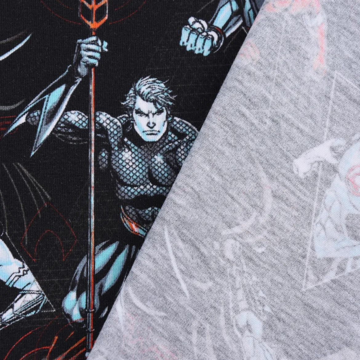Baumwolljersey Digitaldruck Justice League Superhelden schwarz blau rot 1,5m Breite