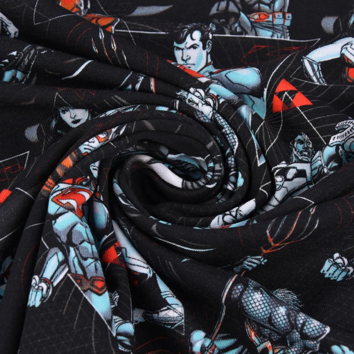 Baumwolljersey Digitaldruck Justice League Superhelden schwarz blau rot 1,5m Breite