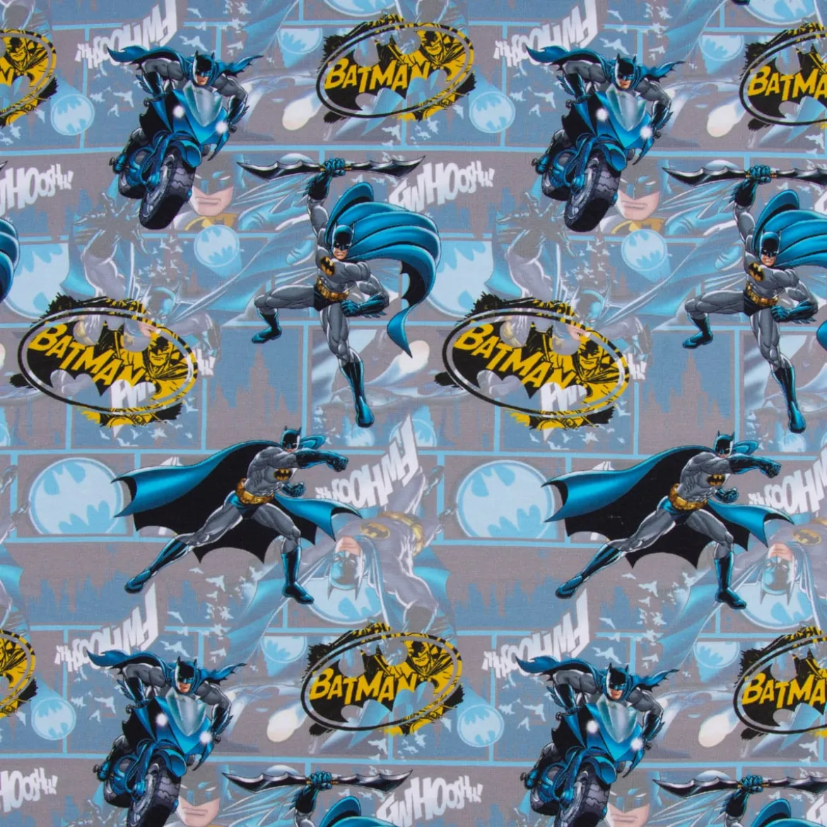 Baumwolljersey Digitaldruck Batman™© Motorrad grau blau gelb schwarz 1,5m Breite