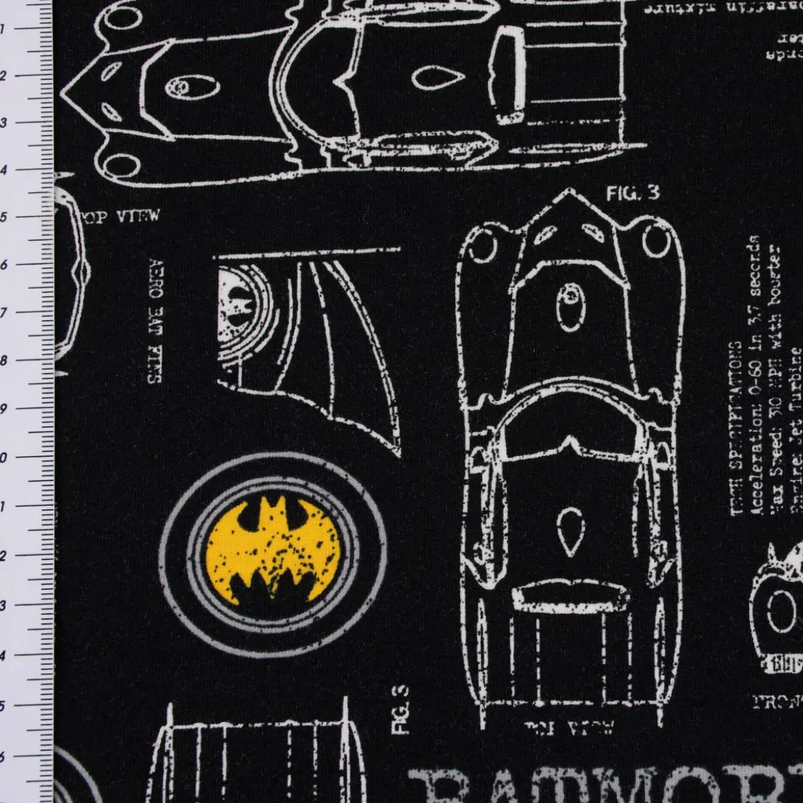 Baumwolljersey Jersey Batman™© Auto schwarz weiß gelb 1,50m Breite