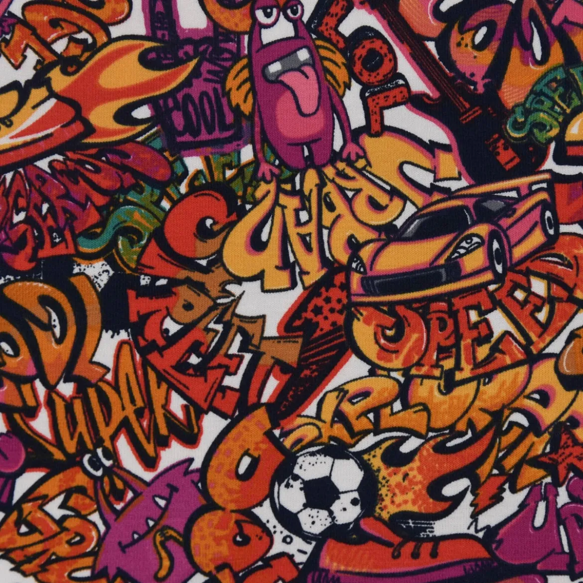 Baumwolljersey Jersey Cool Graffiti Monster Auto weiß rot pink orange 1,5m Breite