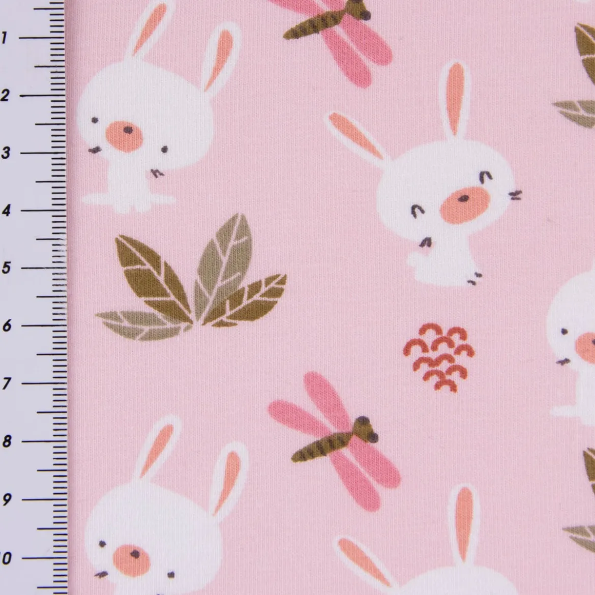 Baumwolljersey Jersey DOLALI Hase Biene Sträucher rosa bunt 1,5m Breite