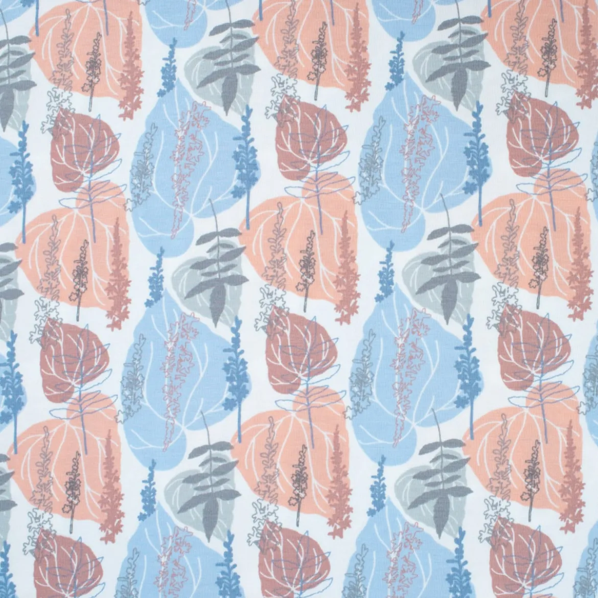 Baumwolljersey Jersey ELVES Blätter Ranken weiß blau apricot grau 1,5m Breite