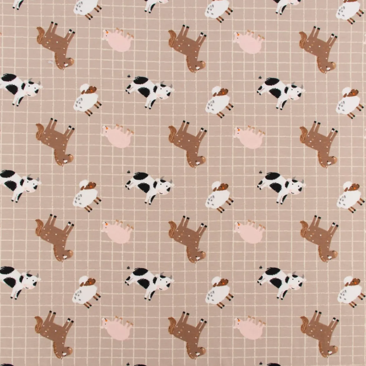 Baumwolljersey Jerseystoff Bauernhof Tiere Karos beige 1,50m Breite