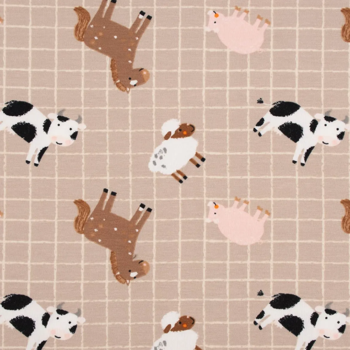 Baumwolljersey Jerseystoff Bauernhof Tiere Karos beige 1,50m Breite