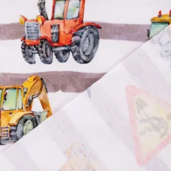 Baumwolljersey Jerseystoff Digitaldruck Baustelle Baufahrzeuge Streifen beige gelb 1,50m Breite