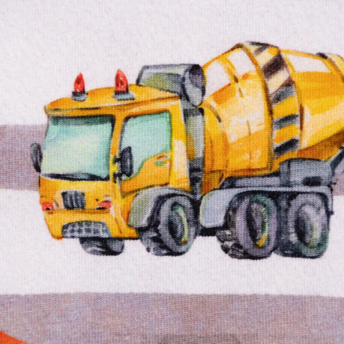 Baumwolljersey Jerseystoff Digitaldruck Baustelle Baufahrzeuge Streifen beige gelb 1,50m Breite