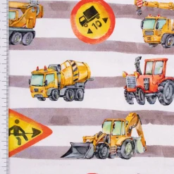 Baumwolljersey Jerseystoff Digitaldruck Baustelle Baufahrzeuge Streifen beige gelb 1,50m Breite