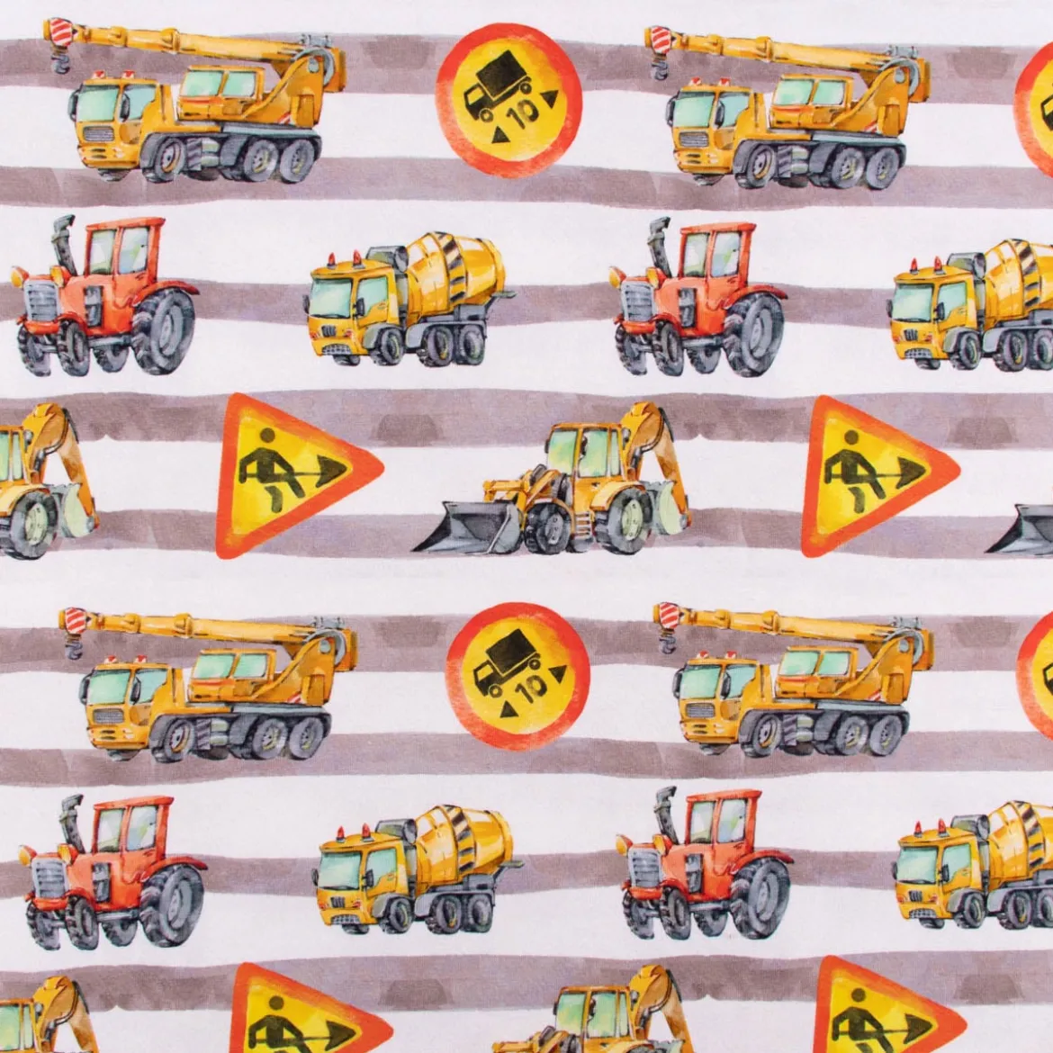 Baumwolljersey Jerseystoff Digitaldruck Baustelle Baufahrzeuge Streifen beige gelb 1,50m Breite