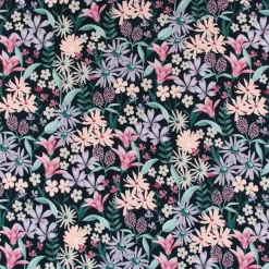Baumwolljersey Jerseystoff Digitaldruck Blumen schwarz lila rosa grün 1,40m Breite