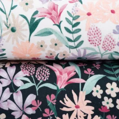 Baumwolljersey Jerseystoff Digitaldruck Blumen schwarz lila rosa grün 1,40m Breite