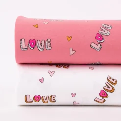 Baumwolljersey Jerseystoff NEON LOVE Schrift Herzchen rosa pink 148cm Breite