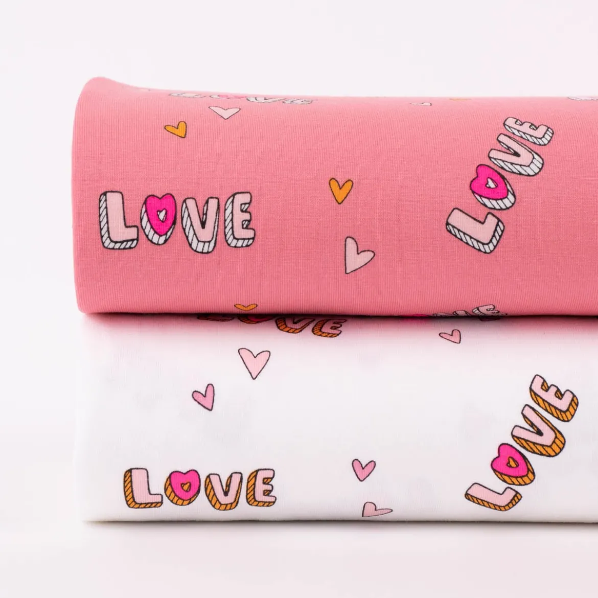 Baumwolljersey Jerseystoff NEON LOVE Schrift Herzchen rosa pink 148cm Breite