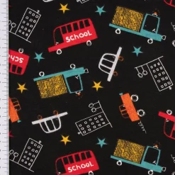 Baumwolljersey Jerseystoff Schoolbus Fahrzeuge Autos Laster Sterne schwarz bunt 1,65m Breite