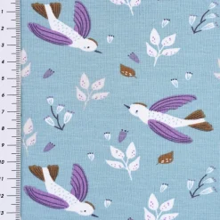 Baumwolljersey Jersey ZOILO Vögel Zweige Blätter blau weiß lila braun 1,5m Breite
