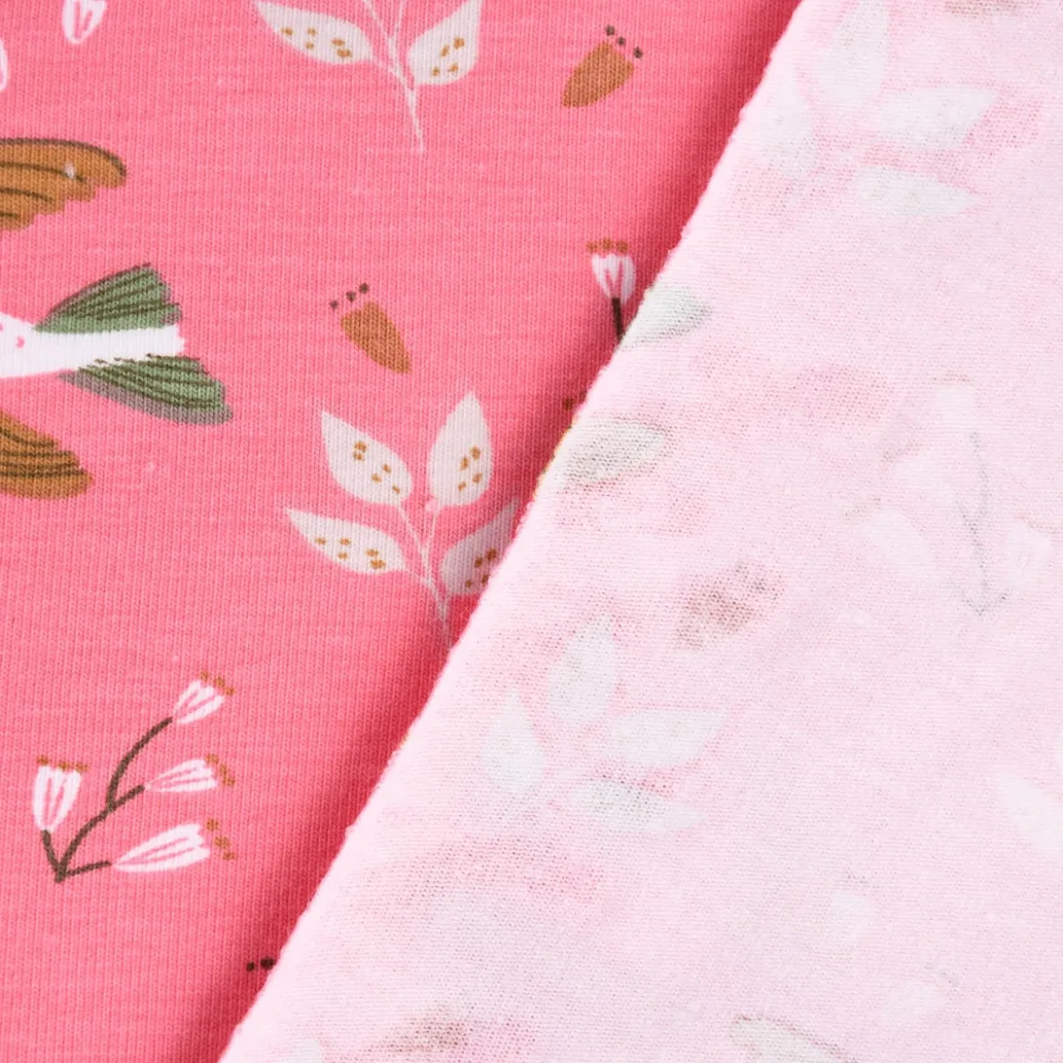 Baumwolljersey Jersey ZOILO Vögel Zweige Blätter rosa weiß braun grün 1,5m Breite