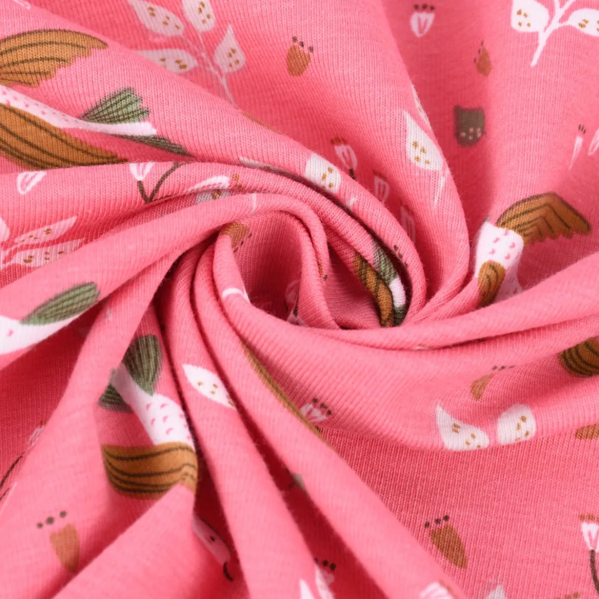 Baumwolljersey Jersey ZOILO Vögel Zweige Blätter rosa weiß braun grün 1,5m Breite