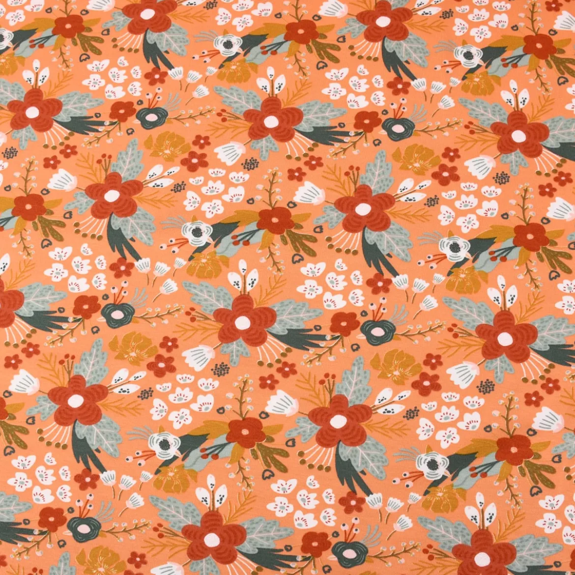 Baumwolljersey Organic Bio Blumen Blätter abstrakt lachs mint ocker 1,5m Breite