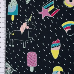 Baumwolljersey UNICORN PARTY Einhorn Eis Pünktchen dunkelblau bunt neongelb 1,5m Breite