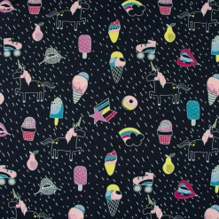 Baumwolljersey UNICORN PARTY Einhorn Eis Pünktchen dunkelblau bunt neongelb 1,5m Breite