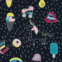 Baumwolljersey UNICORN PARTY Einhorn Eis Pünktchen dunkelblau bunt neongelb 1,5m Breite