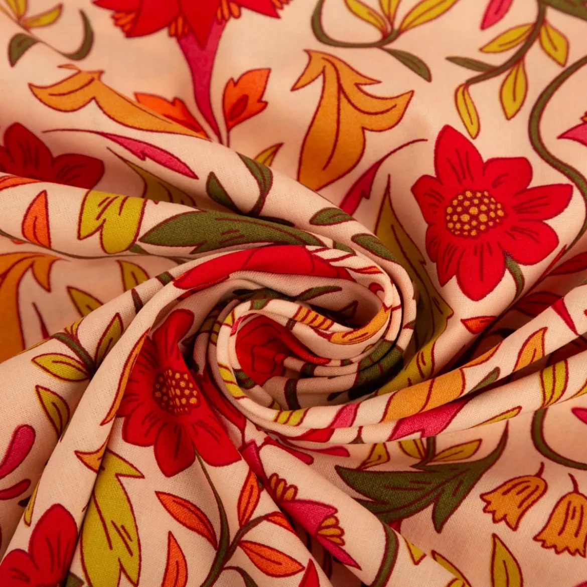 Baumwollstoff Alphonse Blumen Ornamente peach grün pink 1,47m Breite