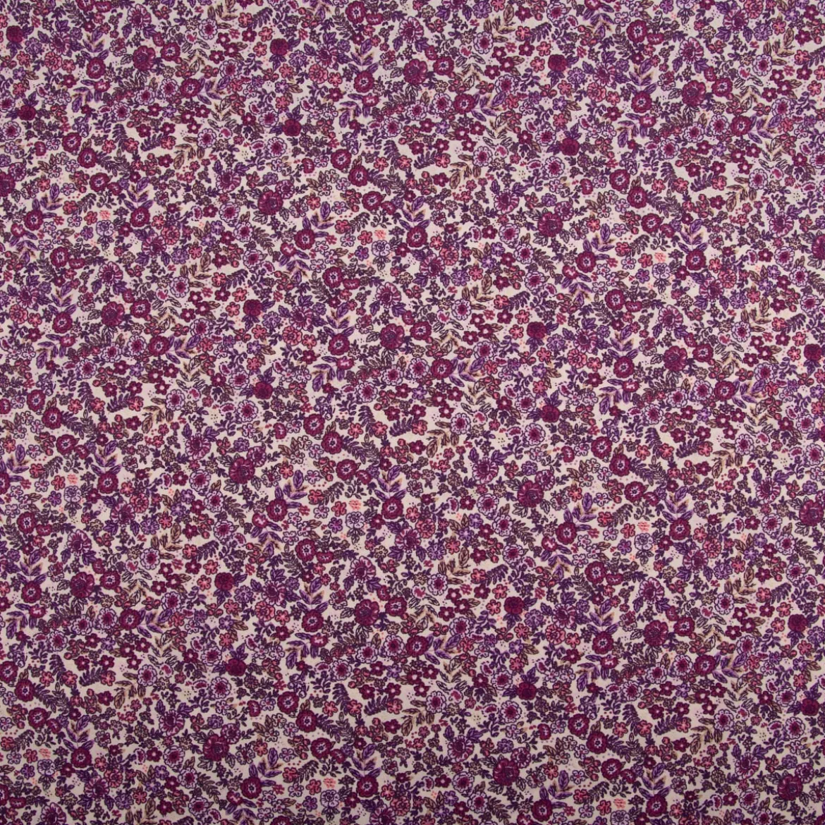 Baumwollstoff Barbara Allover Blümchen ecru, lila 1,47m Breite