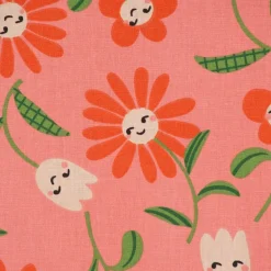 Baumwollstoff beschichtet Tischdeckenstoff Enduit Blumen mit fröhlichen Gesichtern rosa 1,45m Breite