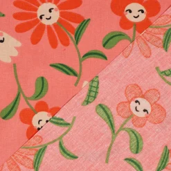 Baumwollstoff beschichtet Tischdeckenstoff Enduit Blumen mit fröhlichen Gesichtern rosa 1,45m Breite