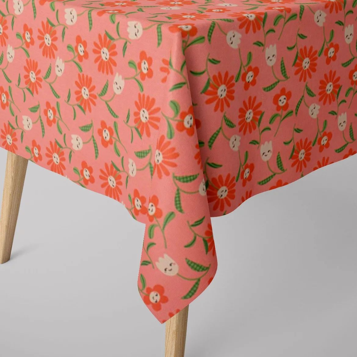 Baumwollstoff beschichtet Tischdeckenstoff Enduit Blumen mit fröhlichen Gesichtern rosa 1,45m Breite