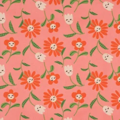 Baumwollstoff beschichtet Tischdeckenstoff Enduit Blumen mit fröhlichen Gesichtern rosa 1,45m Breite