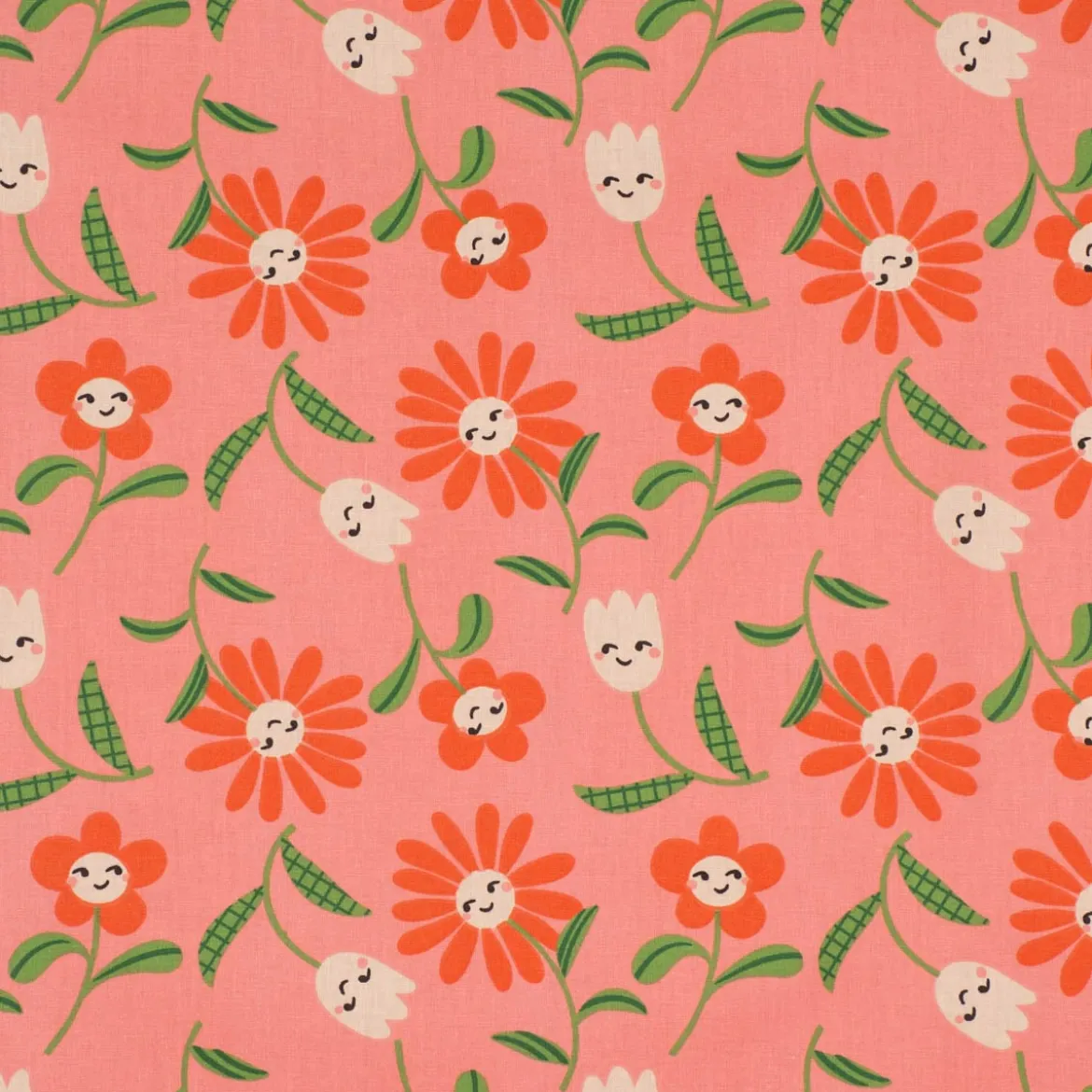 Baumwollstoff beschichtet Tischdeckenstoff Enduit Blumen mit fröhlichen Gesichtern rosa 1,45m Breite