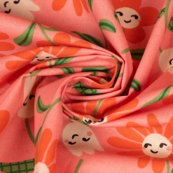 Baumwollstoff beschichtet Tischdeckenstoff Enduit Blumen mit fröhlichen Gesichtern rosa 1,45m Breite
