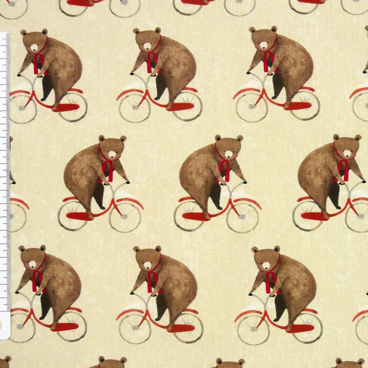 Baumwollstoff Bettwäschestoff Percale Leinwandbindung Bär auf Fahrrad beige braun rot 1,4m Breite