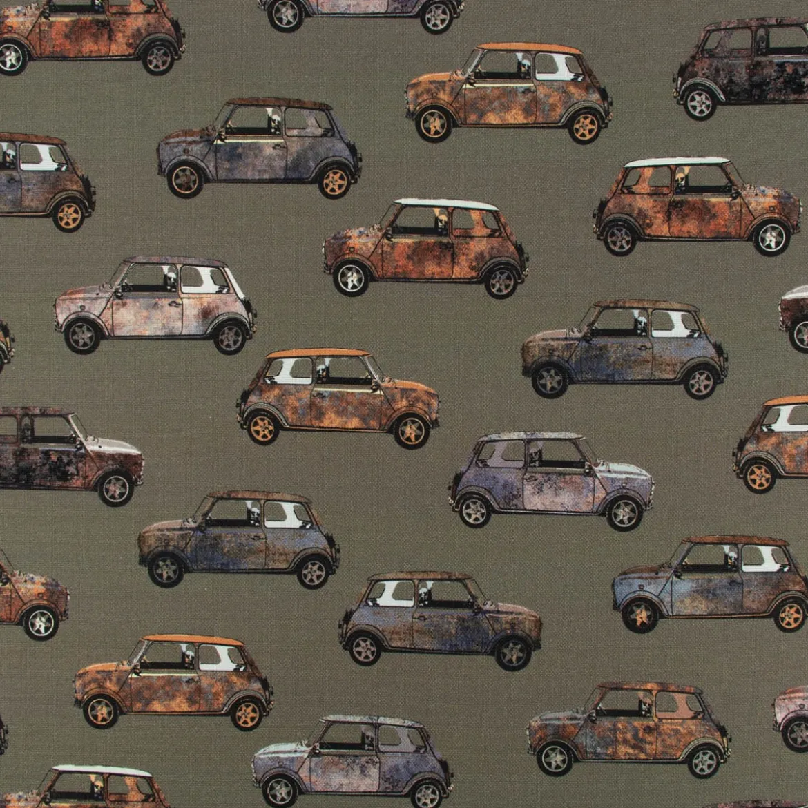 Baumwollstoff Canvas Digital Cars Army Green Retro Autos khakigrün braun 1,40m Breite
