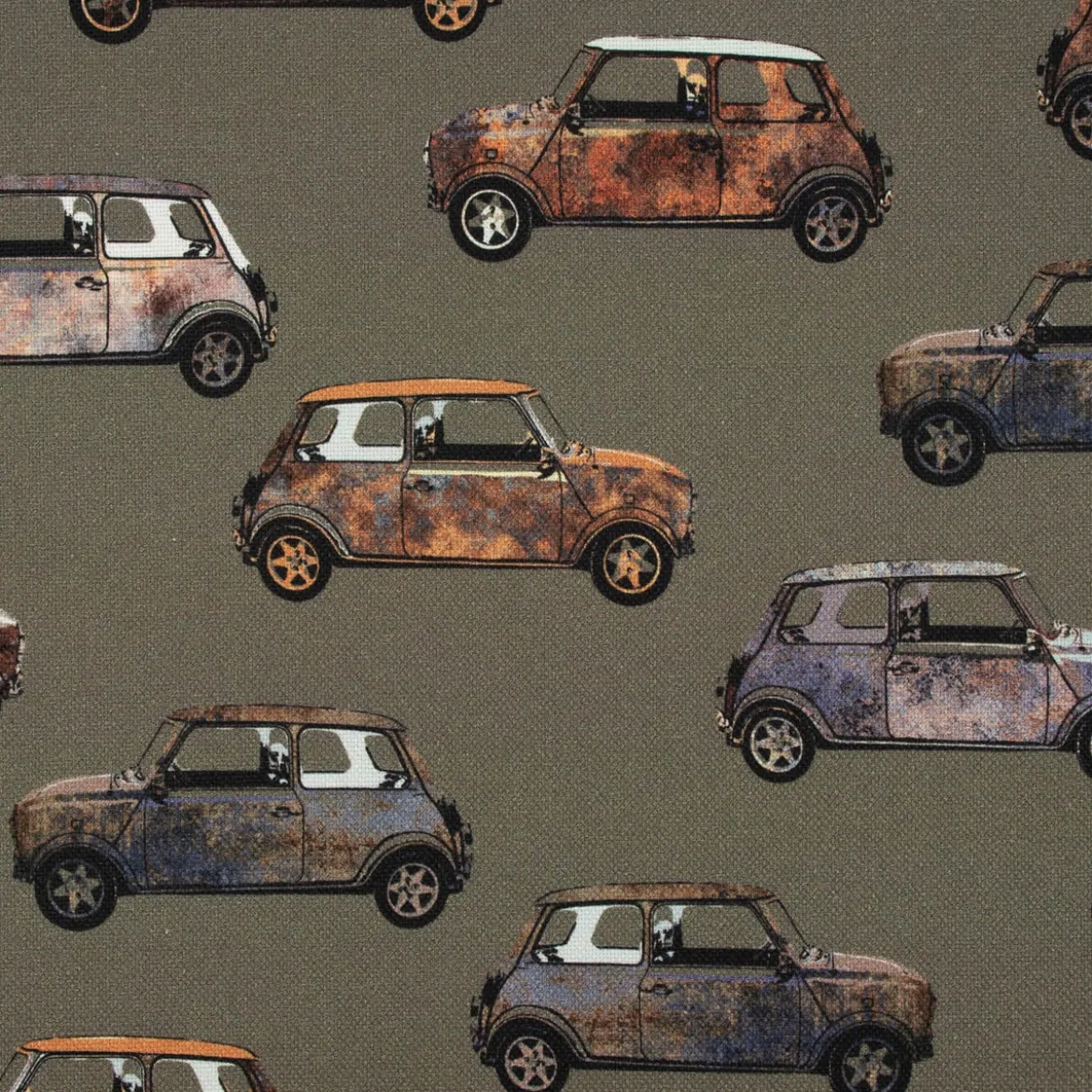 Baumwollstoff Canvas Digital Cars Army Green Retro Autos khakigrün braun 1,40m Breite