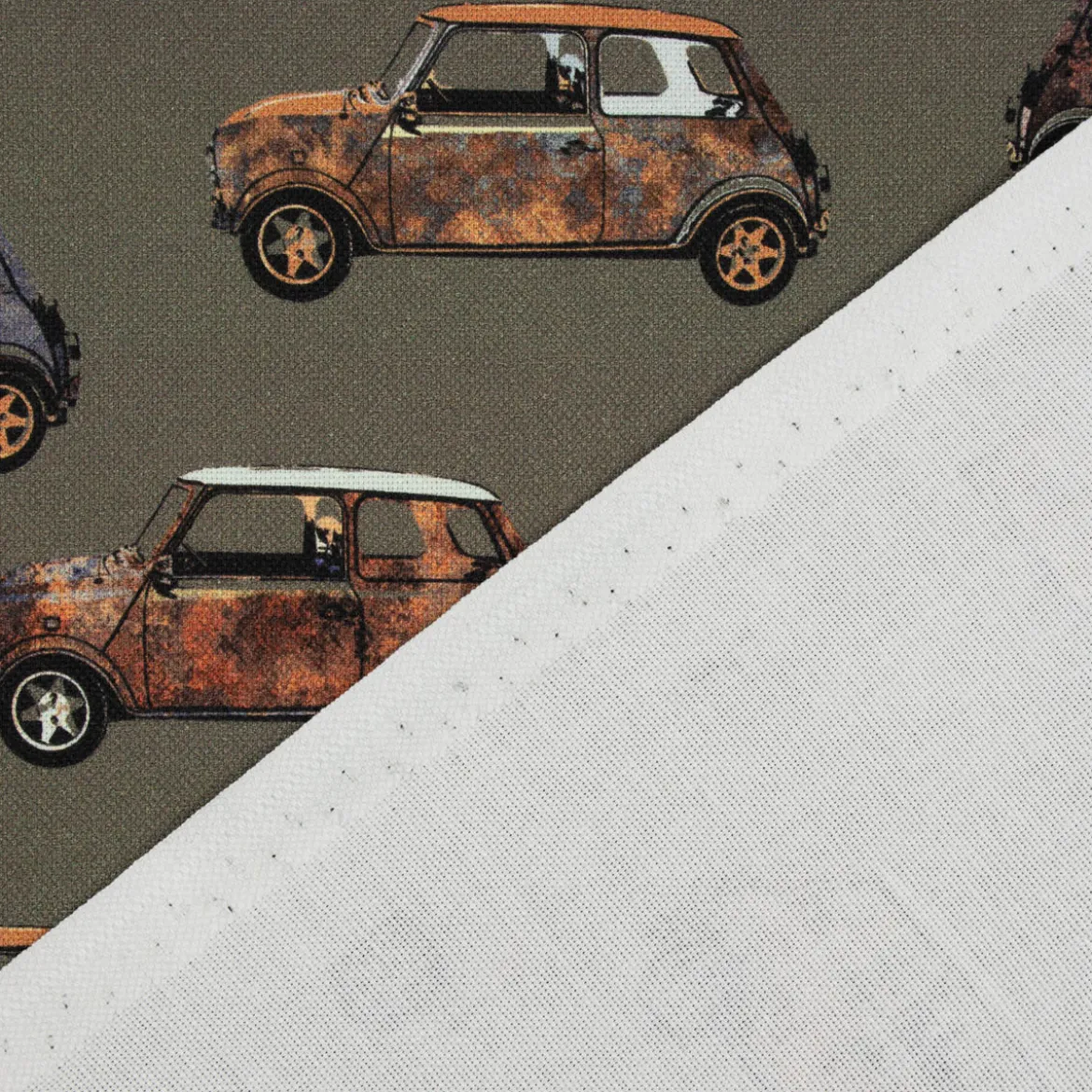 Baumwollstoff Canvas Digital Cars Army Green Retro Autos khakigrün braun 1,40m Breite