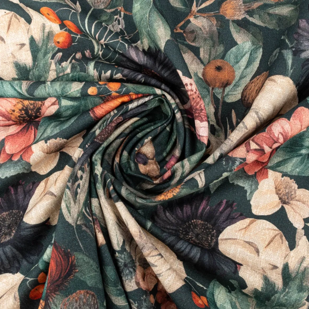 Baumwollstoff Canvas Stoff Vorhangstoff Digitaldruck Vintage Blumen dunkelgrün 1,40m Breite