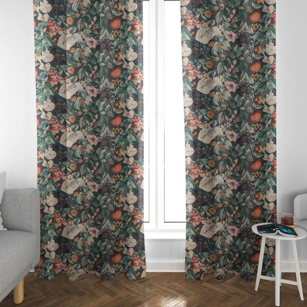 Baumwollstoff Canvas Stoff Vorhangstoff Digitaldruck Vintage Blumen dunkelgrün 1,40m Breite