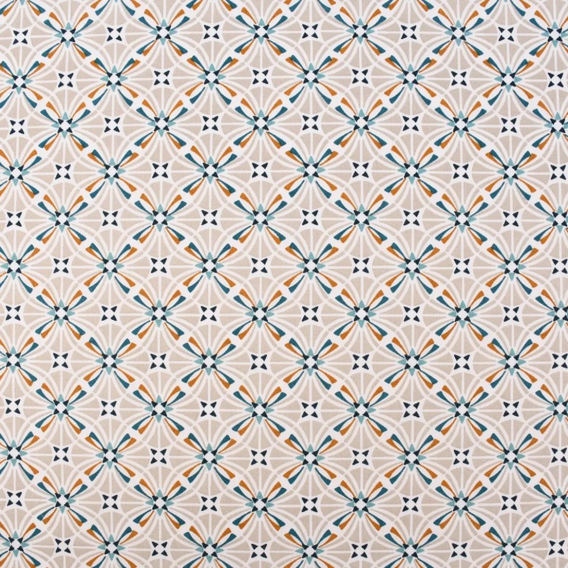 Baumwollstoff CAPUCINE Mandala Retro Blume grafisch weiß beige petrol ocker 1,50m Breite